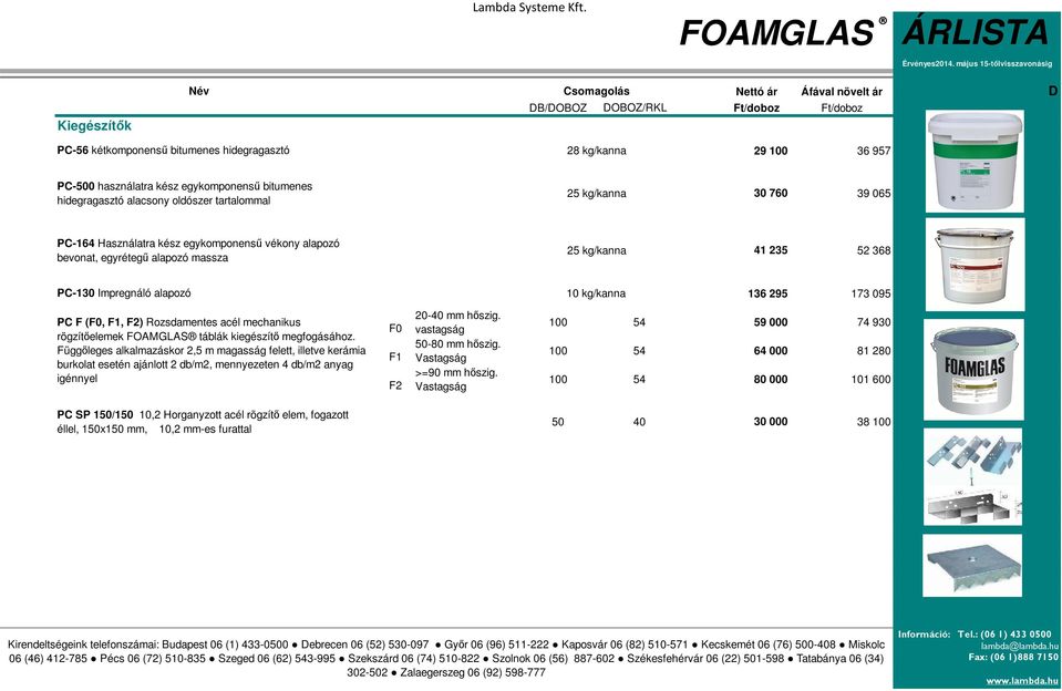 Impregnáló alapozó 10 kg/kanna 136 295 173 095 PC F (F0, F1, F2) Rozsdamentes acél mechanikus rögzítőelemek FOAMGLAS táblák kiegészítő megfogásához.