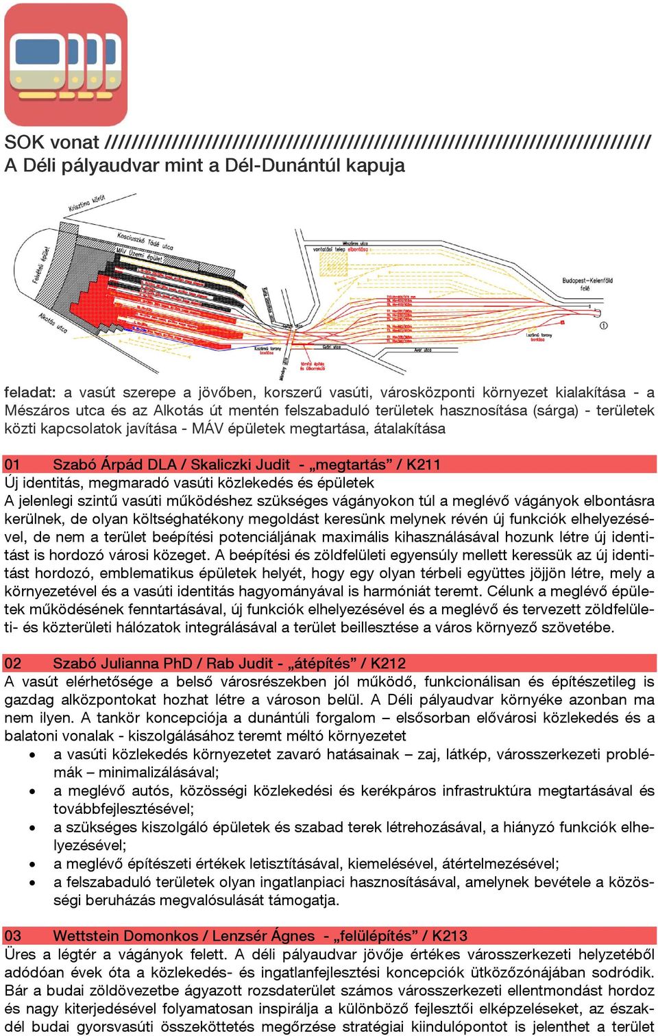01 Szabó Árpád DLA / Skaliczki Judit - megtartás / K211 Új identitás, megmaradó vasúti közlekedés és épületek A jelenlegi szintű vasúti működéshez szükséges vágányokon túl a meglévő vágányok