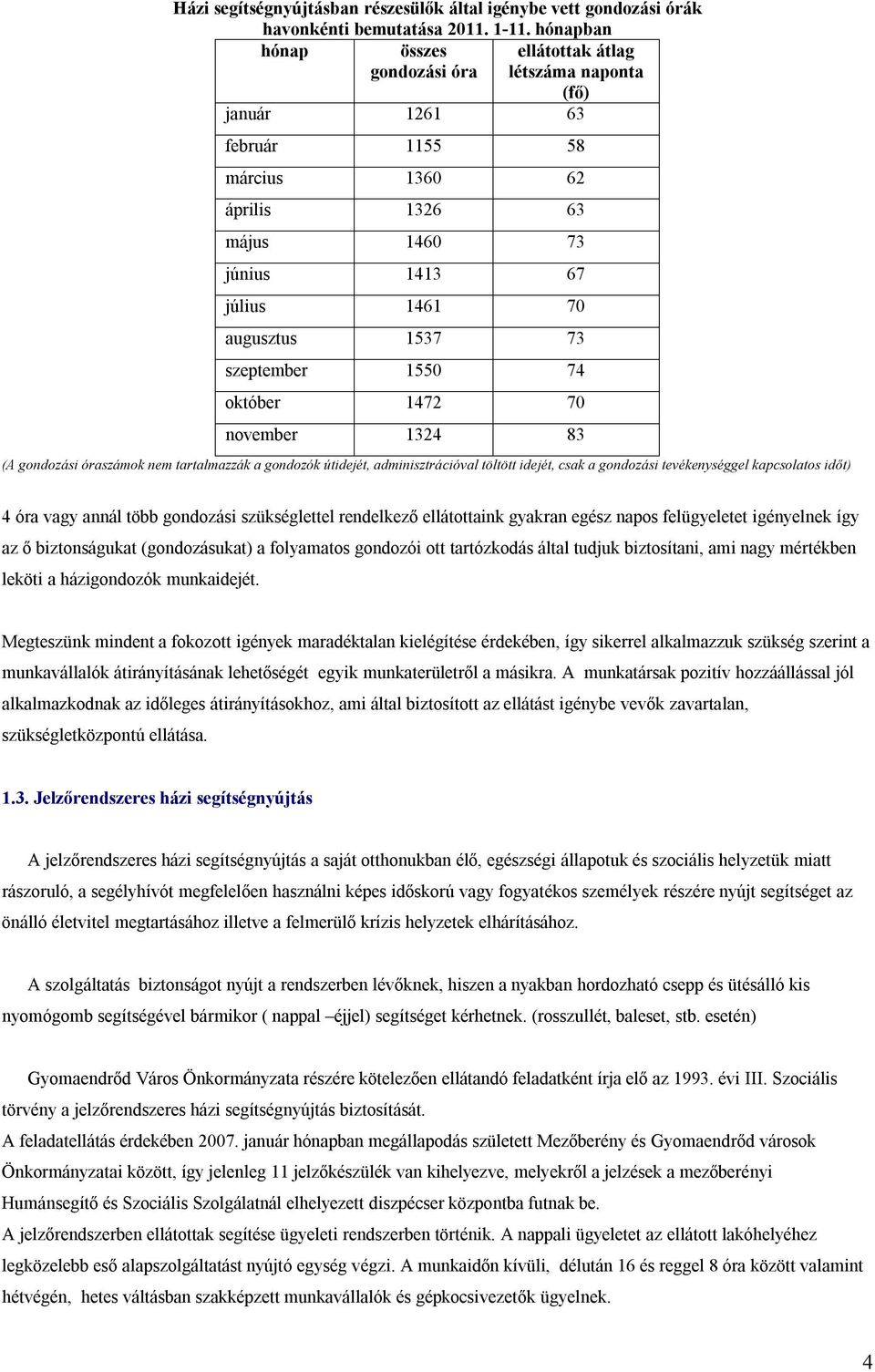 szeptember 1550 74 október 1472 70 november 1324 83 (A gondozási óraszámok nem tartalmazzák a gondozók útidejét, adminisztrációval töltött idejét, csak a gondozási tevékenységgel kapcsolatos időt) 4