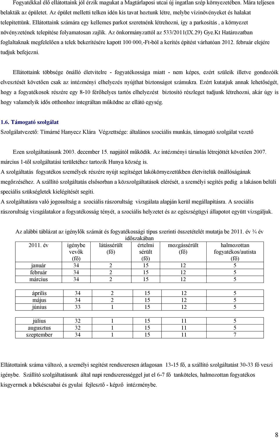 Ellátottaink számára egy kellemes parkot szeretnénk létrehozni, így a parkosítás, a környezet növényzetének telepítése folyamatosan zajlik. Az önkormányzattól az 533/2011(IX.29) Gye.