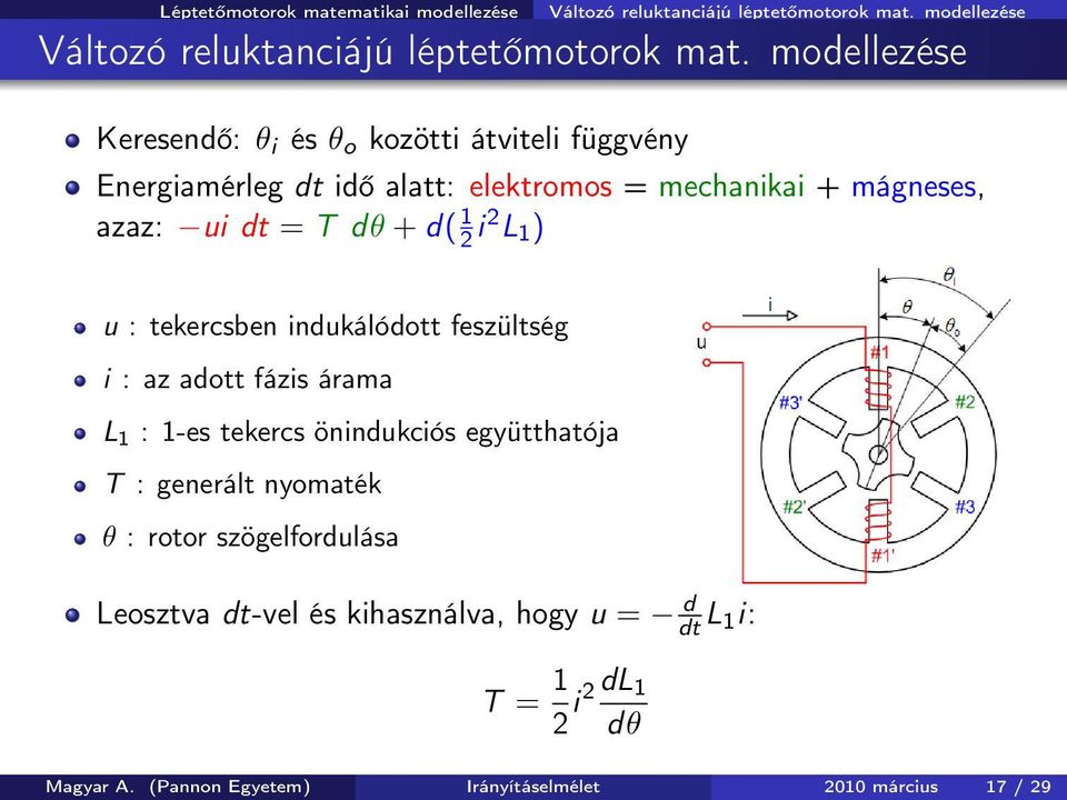 modellezése Keresendő: θ i és θ o kozötti átviteli függvény Energiamérleg dt idő alatt: elektromos = mechanikai + mágneses, azaz: ui dt = T dθ + d(