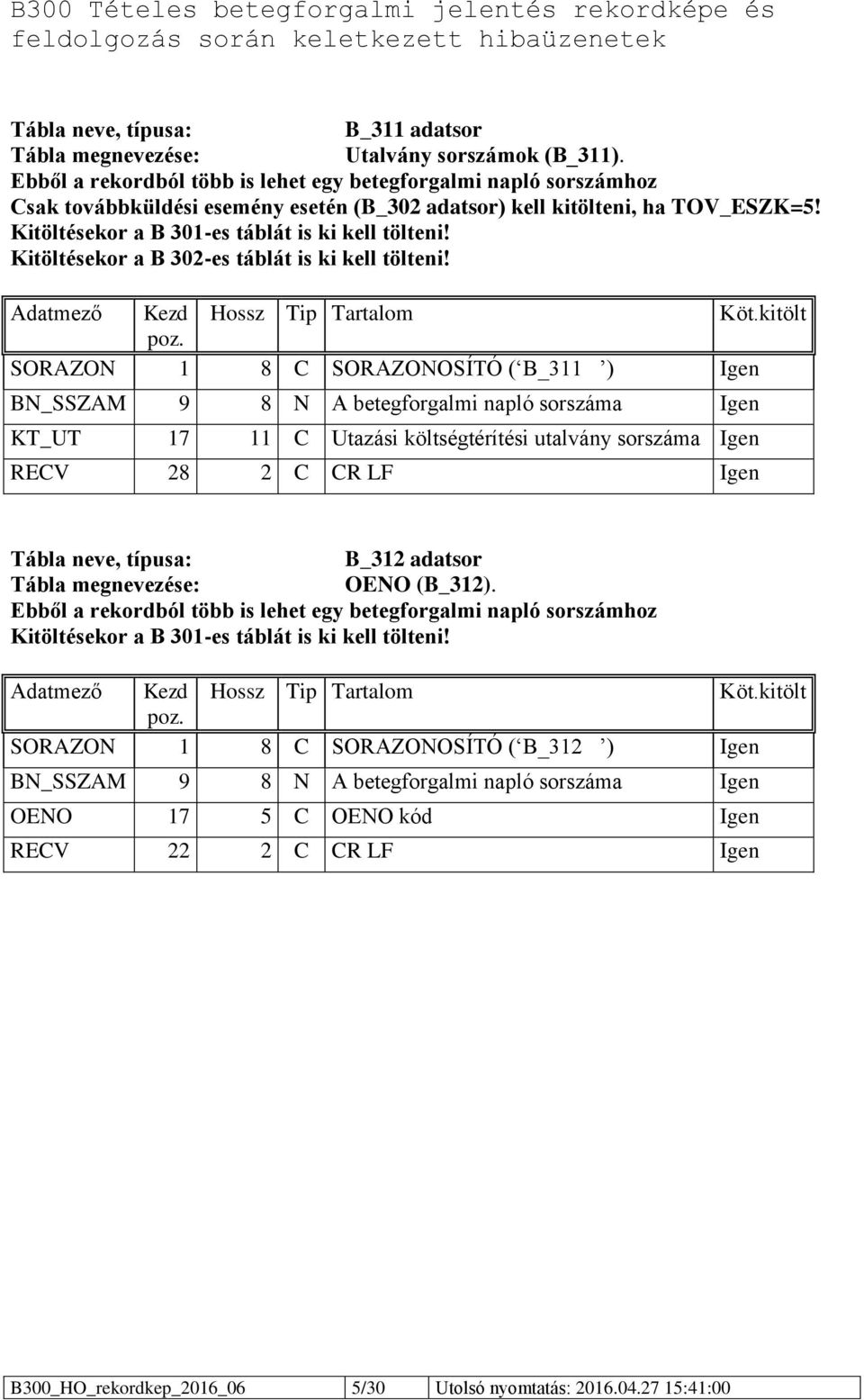 Kitöltésekor a B 302-es táblát is ki kell tölteni! Adatmező Kezd Hossz Tip Tartalom Köt.kitölt poz.