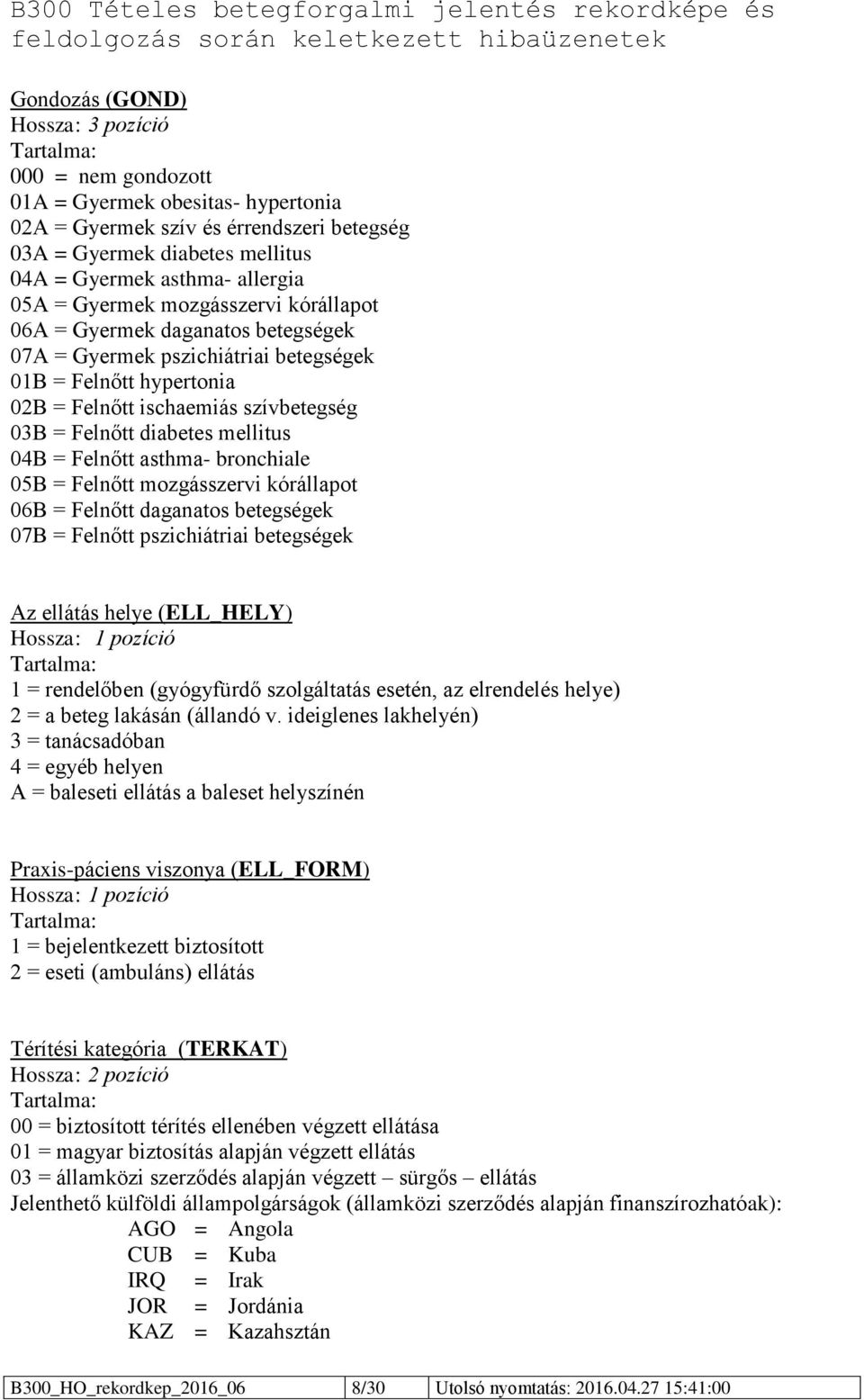 mellitus 04B = Felnőtt asthma- bronchiale 05B = Felnőtt mozgásszervi kórállapot 06B = Felnőtt daganatos betegségek 07B = Felnőtt pszichiátriai betegségek Az ellátás helye (ELL_HELY) Hossza: 1 pozíció