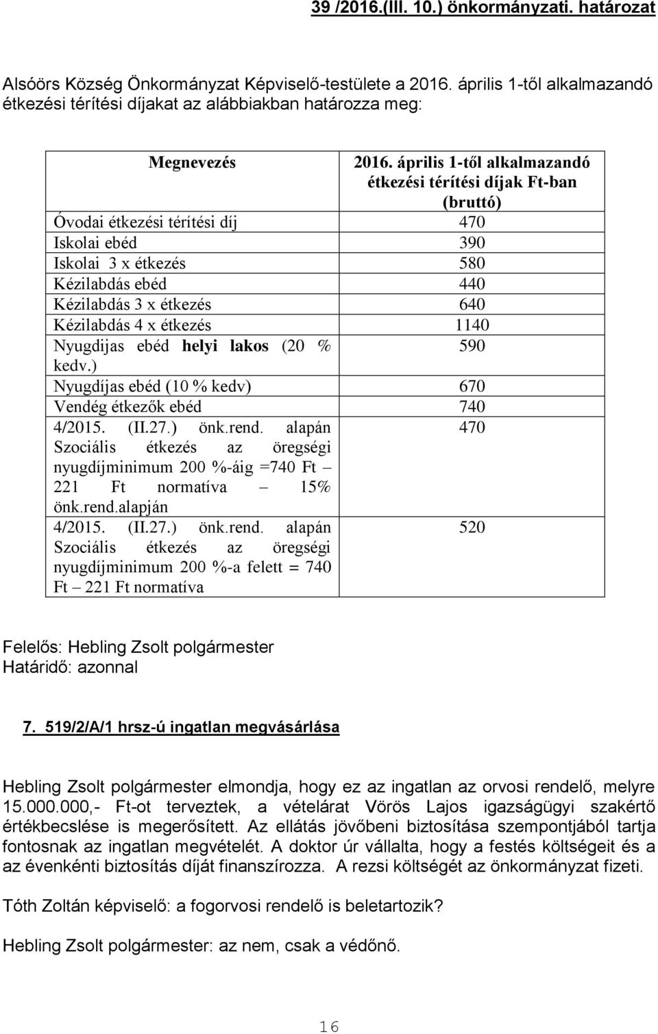 4 x étkezés 1140 Nyugdijas ebéd helyi lakos (20 % 590 kedv.) Nyugdíjas ebéd (10 % kedv) 670 Vendég étkezők ebéd 740 4/2015. (II.27.) önk.rend.