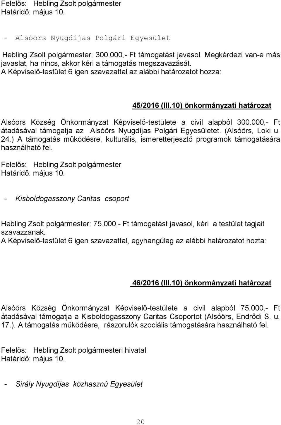 10) önkormányzati határozat Alsóörs Község Önkormányzat Képviselő-testülete a civil alapból 300.000,- Ft átadásával támogatja az Alsóörs Nyugdíjas Polgári Egyesületet. (Alsóörs, Loki u. 24.