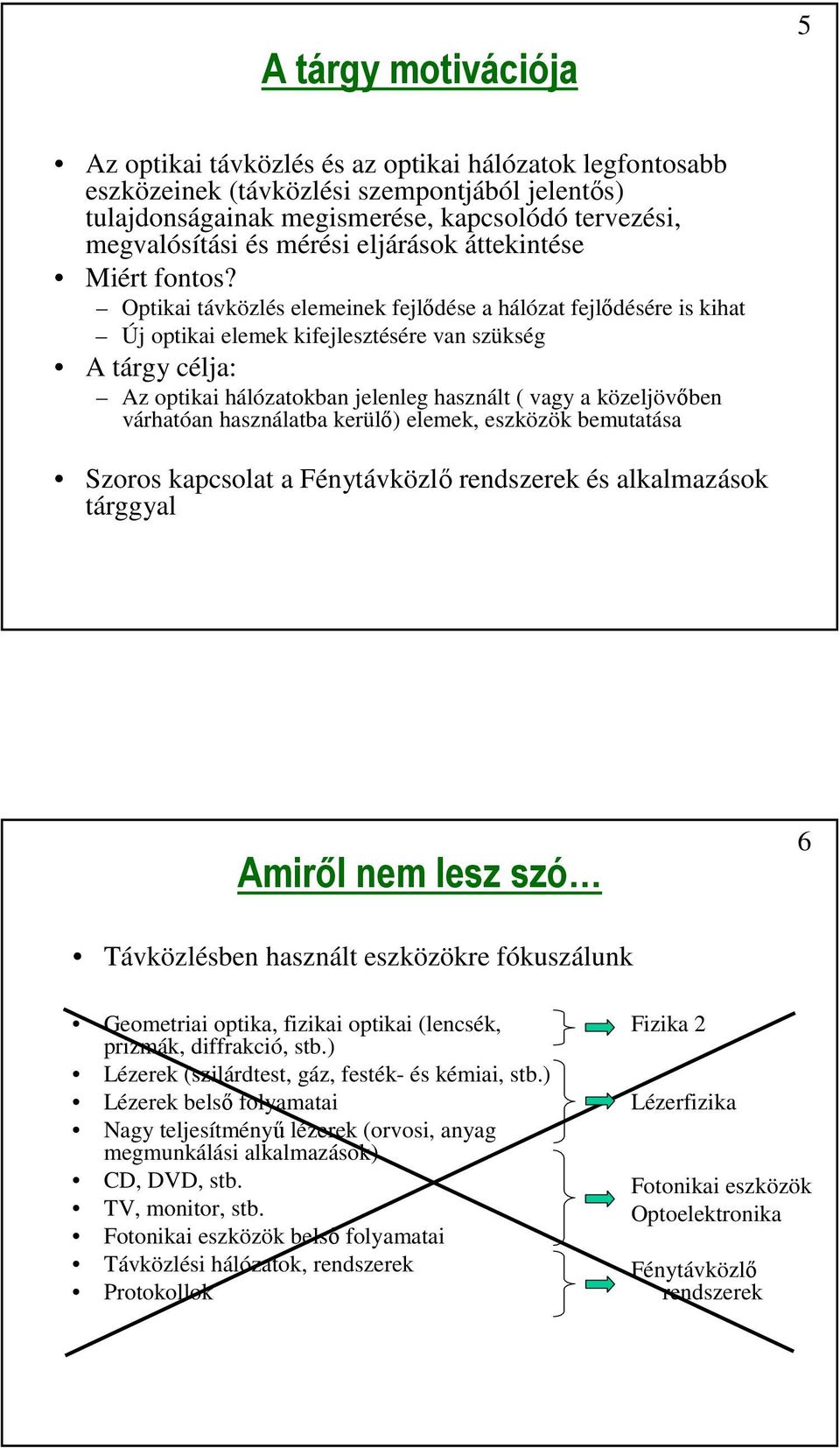 Optikai távközlés elemeinek fejlődése a hálózat fejlődésére is kihat Új optikai elemek kifejlesztésére van szükség A tárgy célja: Az optikai hálózatokban jelenleg használt ( vagy a közeljövőben