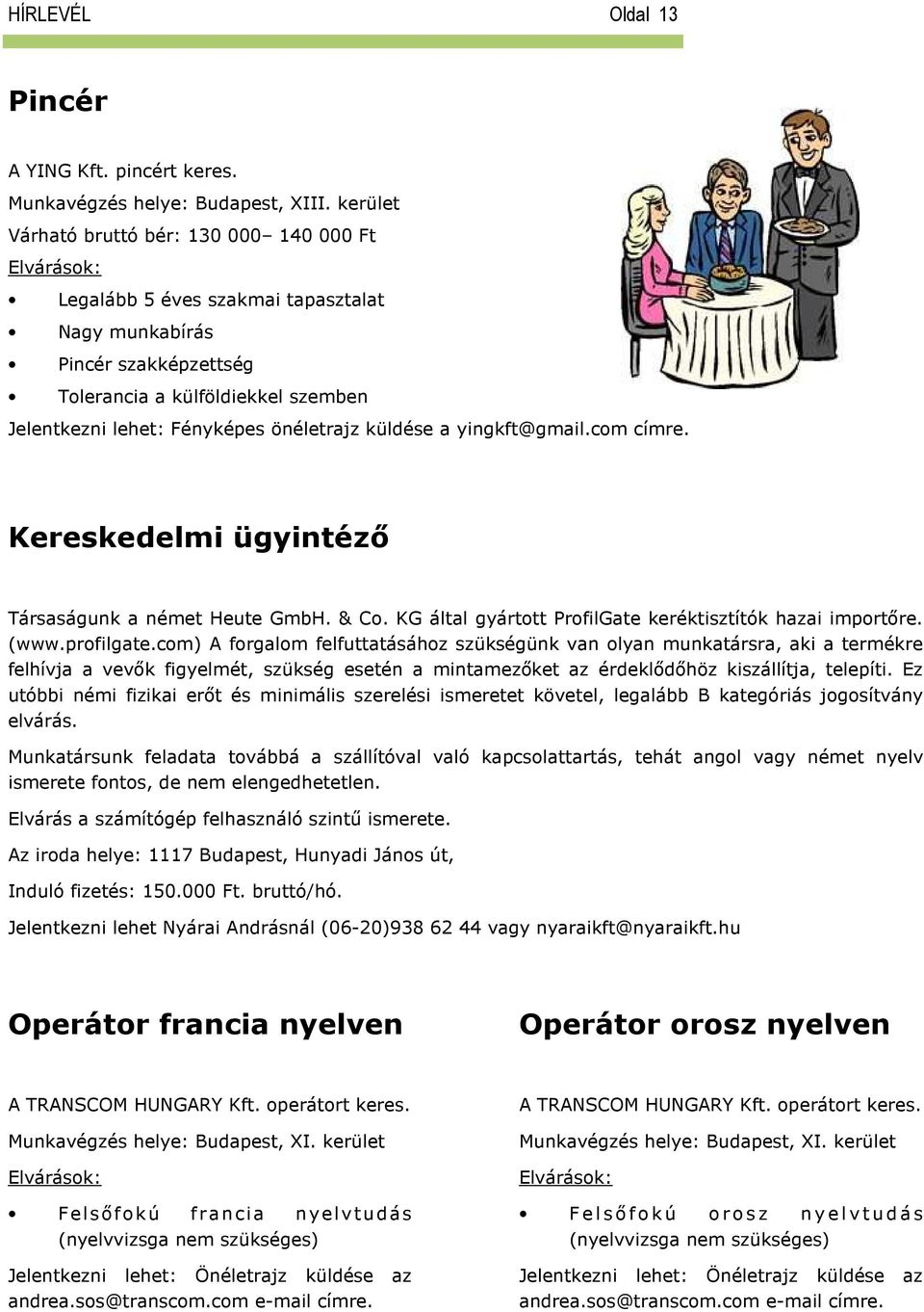 küldése a yingkft@gmail.com címre. Kereskedelmi ügyintéző Társaságunk a német Heute GmbH. & Co. KG által gyártott ProfilGate keréktisztítók hazai importőre. (www.profilgate.