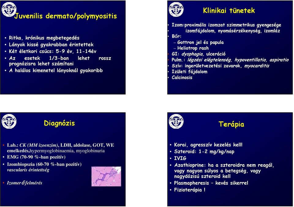 ulceráció Pulm.: légzési elégtelenség, hypoventillatio, aspiratio Szív: ingerületvezetési zavarok, myocarditis Izületi fájdalom Calcinosis Diagnózis Terápia Lab.