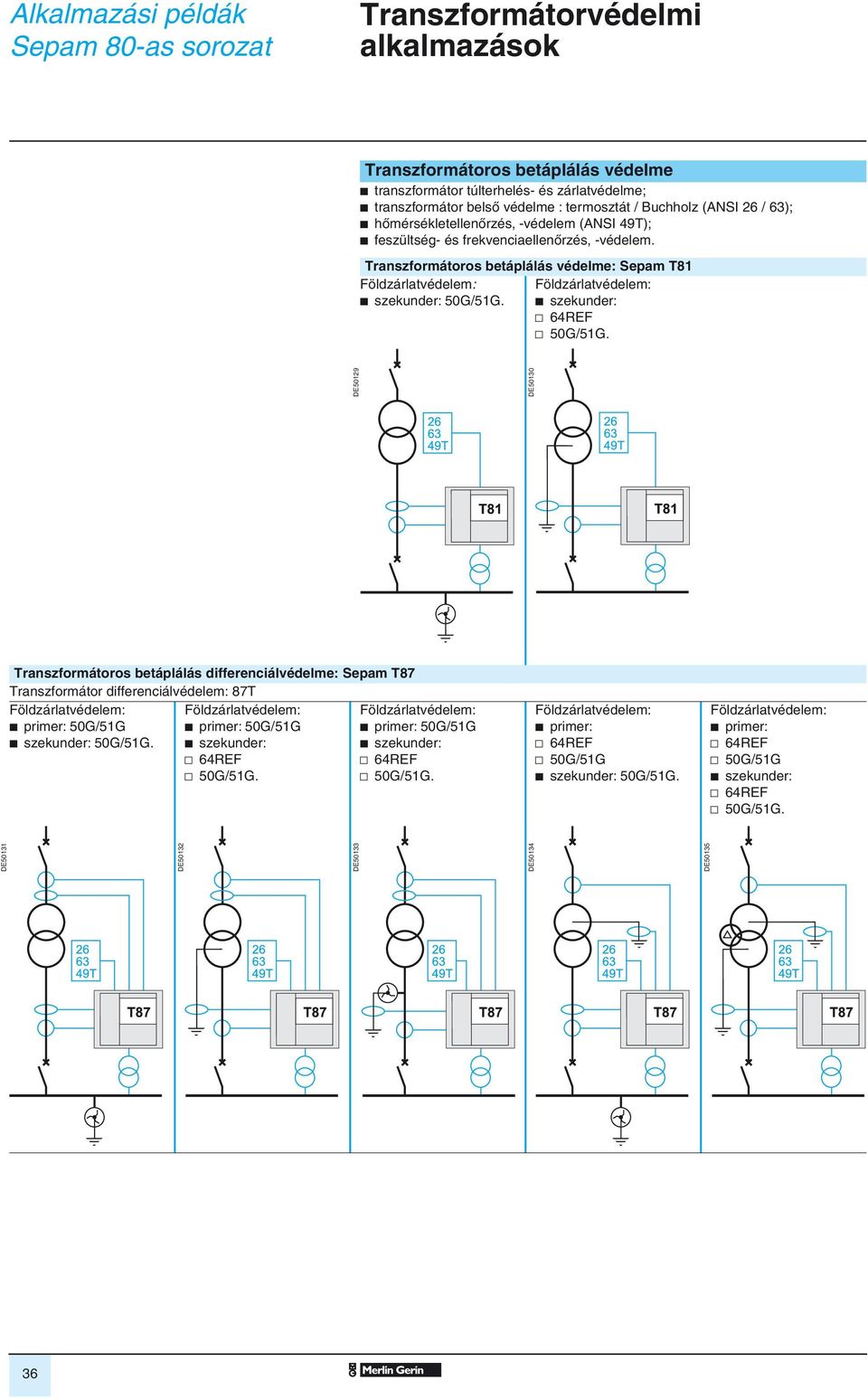 b szekunder: v. DE50129 DE50130 Transzformátoros betáplálás differenciálvédelme: Sepam T87 Transzformátor differenciál: 87T b primer: b szekunder:.