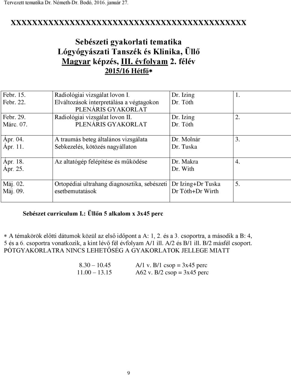 04. Ápr. 11. A traumás beteg általános vizsgálata Sebkezelés, kötözés nagyállaton Dr. Molnár Dr. Tuska 3. Ápr. 18. Ápr. 25. Az altatógép felépítése és működése Dr. Makra Dr. With 4. Máj. 02. Máj. 09.