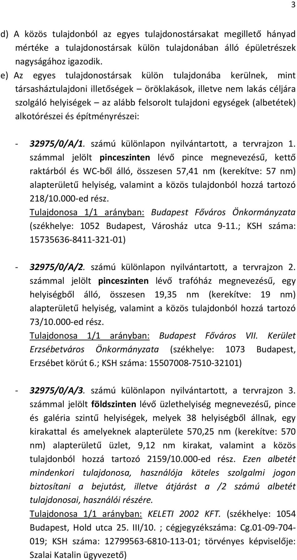 (albetétek) alkotórészei és építményrészei: - 32975/0/A/1. számú különlapon nyilvántartott, a tervrajzon 1.