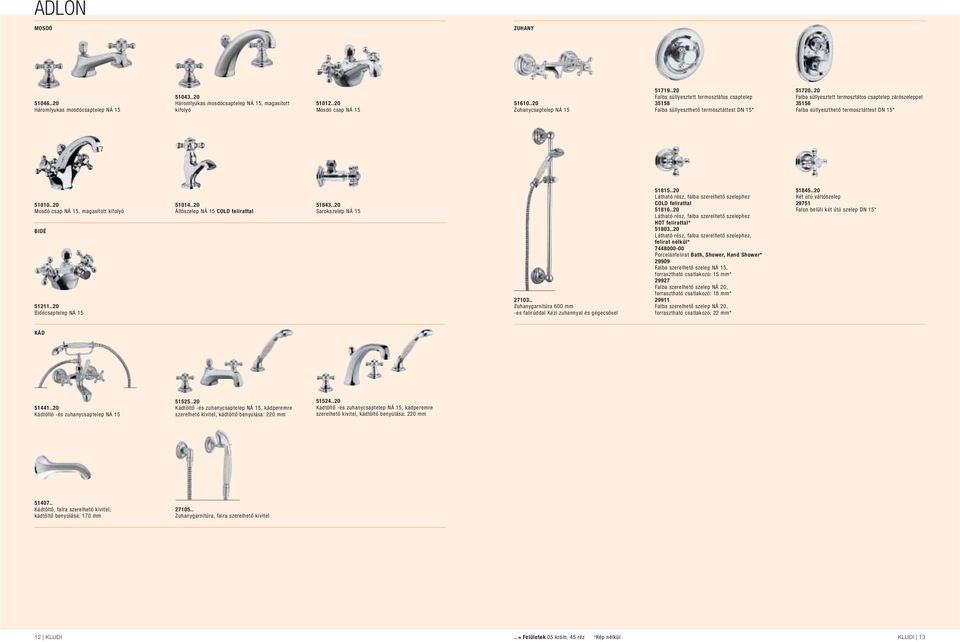 .20 Falba süllyesztett termosztátos csaptelep zárószeleppel 35156 Falba süllyeszthető termosztáttest DN 15* 51010..20 Mosdó csap NÁ 15, magasított kifolyó BIDÉ 51211..20 Bidécsaptelep NÁ 15 51014.