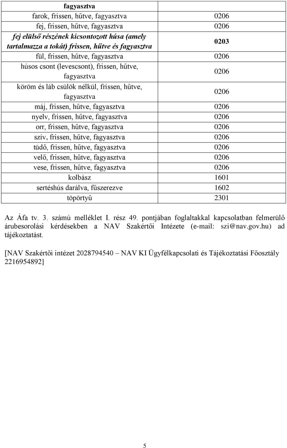 hűtve, 0206 velő, frissen, hűtve, 0206 vese, frissen, hűtve, 0206 kolbász 1601 sertéshús darálva, fűszerezve 1602 töpörtyű 2301 Az Áfa tv. 3. számú melléklet I. rész 49.