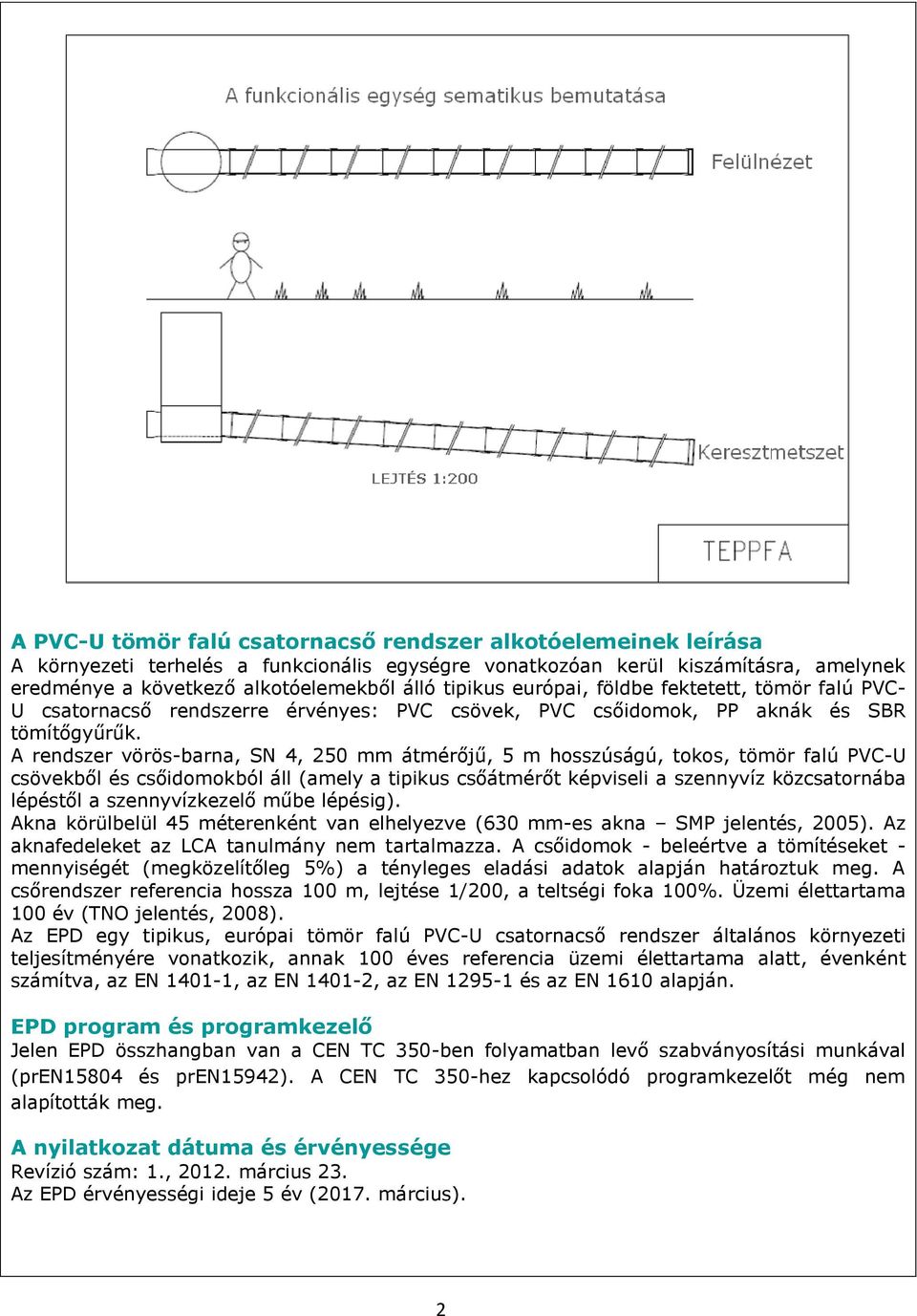 A rendszer vörös-barna, SN 4, 250 mm átmérőjű, 5 m hosszúságú, tokos, tömör falú PVC-U csövekből és csőidomokból áll (amely a tipikus csőátmérőt képviseli a szennyvíz közcsatornába lépéstől a