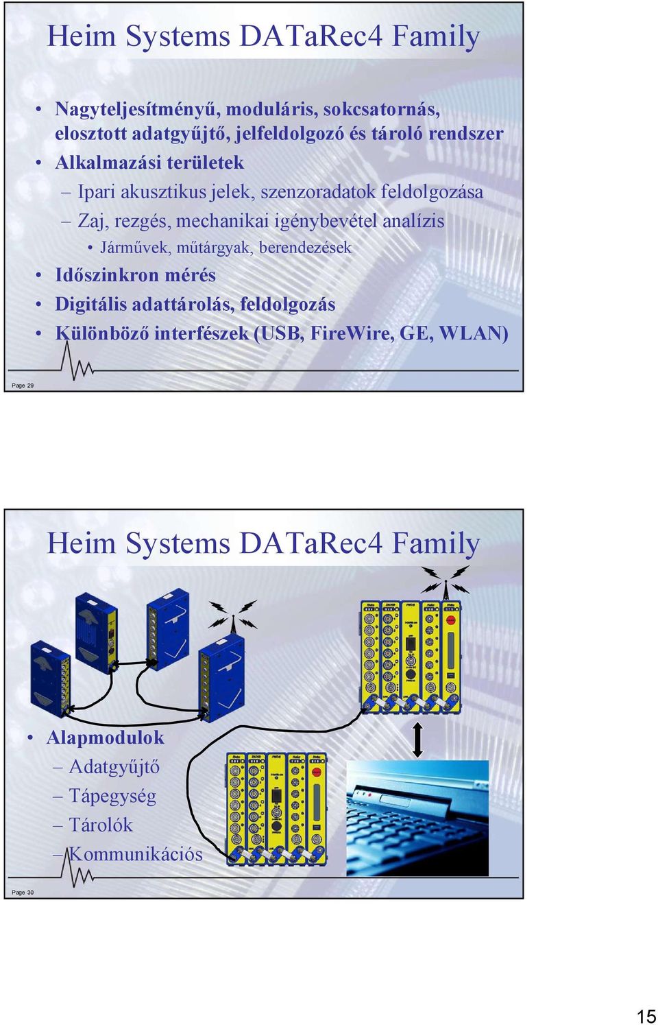 analízis Járművek, műtárgyak, berendezések Időszinkron mérés Digitális adattárolás, feldolgozás Különböző interfészek