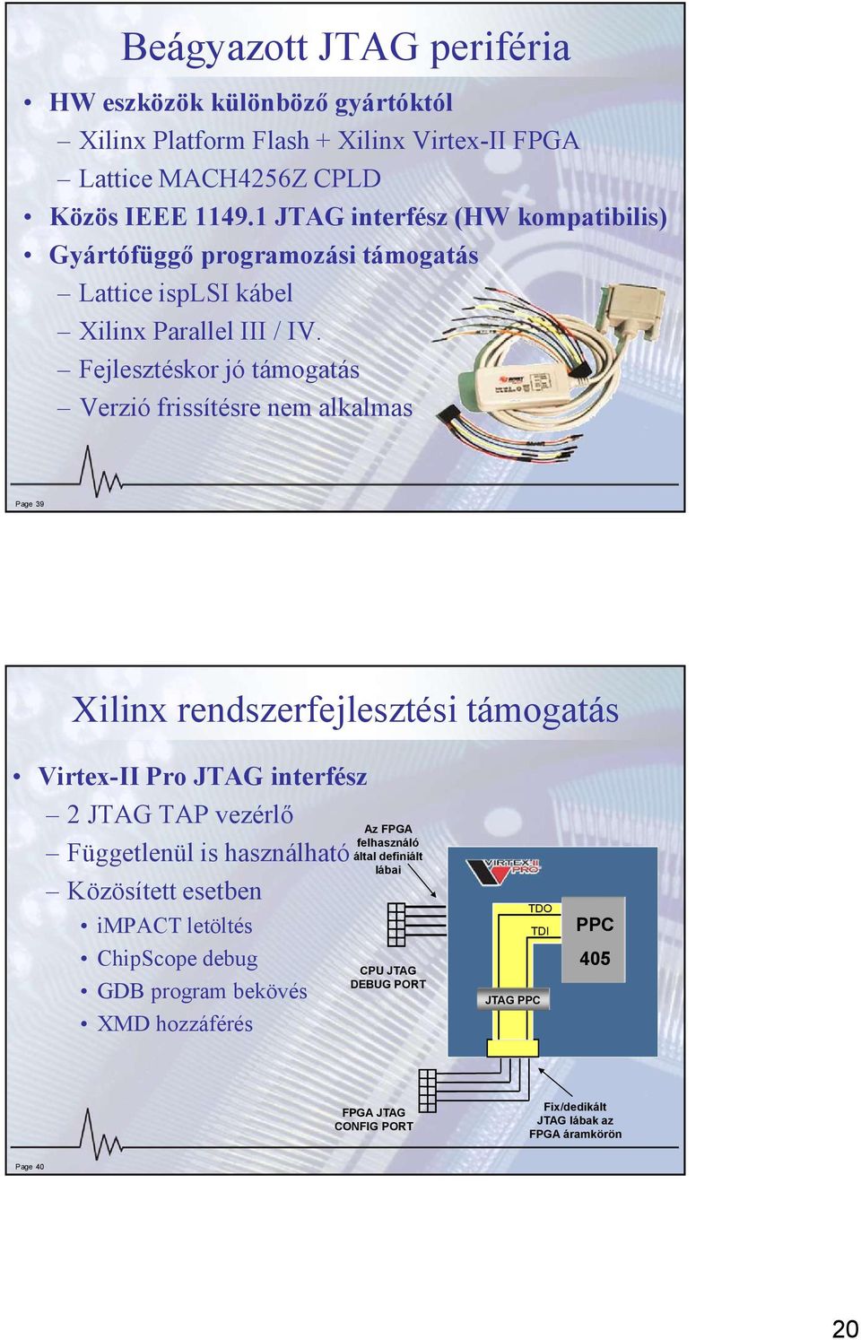 Fejlesztéskor jó támogatás Verzió frissítésre nem alkalmas Page 39 Xilinx rendszerfejlesztési támogatás Virtex-II Pro JTAG interfész 2 JTAG TAP vezérlő Függetlenül is