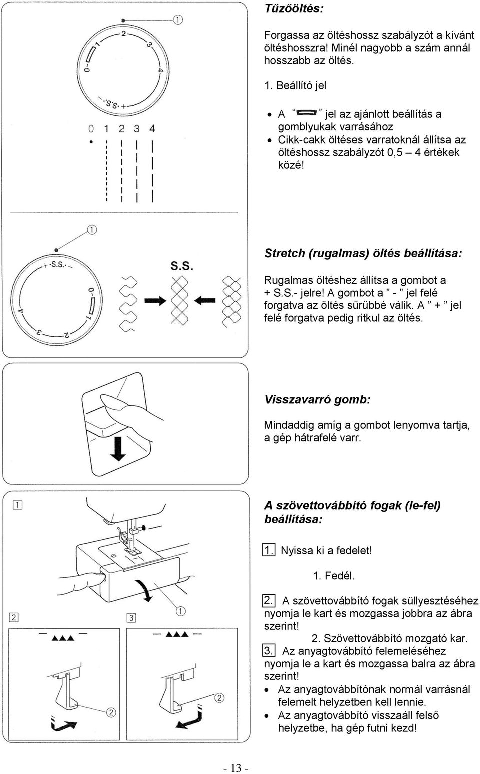 Stretch (rugalmas) öltés beállítása: Rugalmas öltéshez állítsa a gombot a + S.S.- jelre! A gombot a - jel felé forgatva az öltés sűrűbbé válik. A + jel felé forgatva pedig ritkul az öltés.