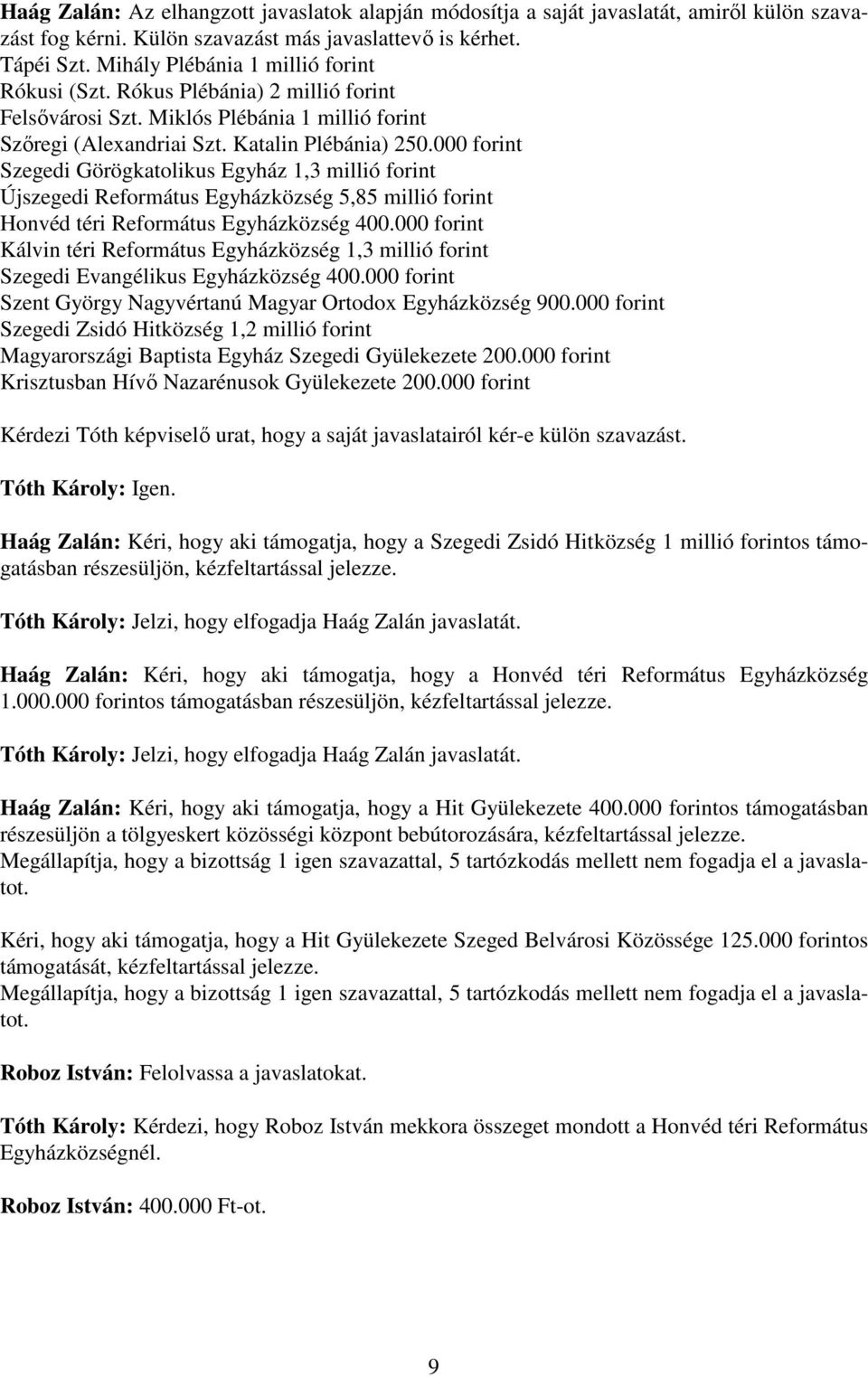 000 forint Szegedi Görögkatolikus Egyház 1,3 millió forint Újszegedi Református Egyházközség 5,85 millió forint Honvéd téri Református Egyházközség 400.