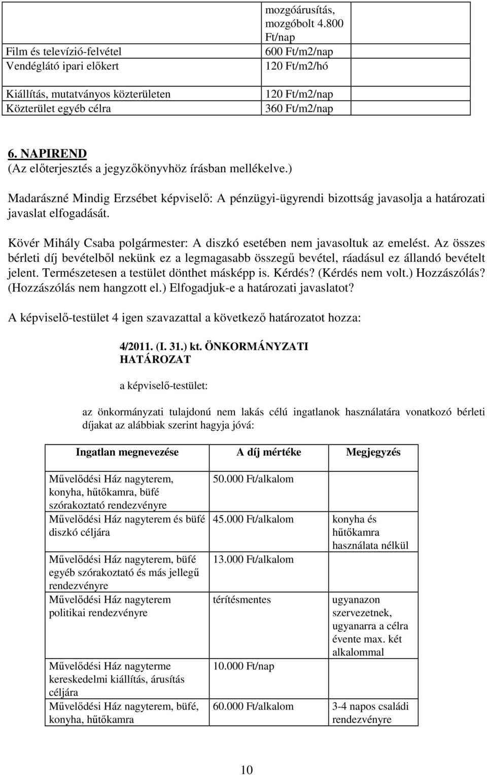 Kövér Mihály Csaba polgármester: A diszkó esetében nem javasoltuk az emelést. Az összes bérleti díj bevételbıl nekünk ez a legmagasabb összegő bevétel, ráadásul ez állandó bevételt jelent.