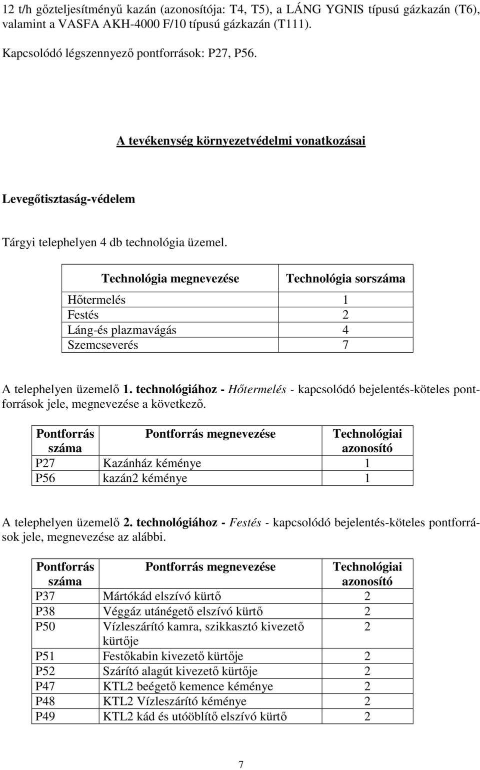 Technológia megnevezése Technológia sorszáma Hőtermelés 1 Festés 2 Láng-és plazmavágás 4 Szemcseverés 7 A telephelyen üzemelő 1.