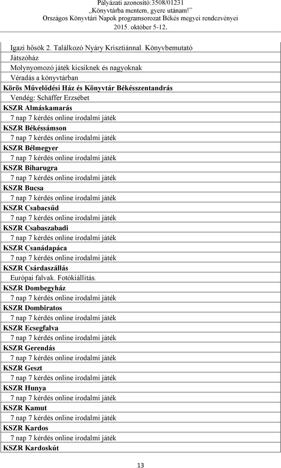 Békésszentandrás Vendég: Schäffer Erzsébet KSZR Almáskamarás KSZR Békéssámson KSZR Bélmegyer KSZR Biharugra KSZR Bucsa KSZR