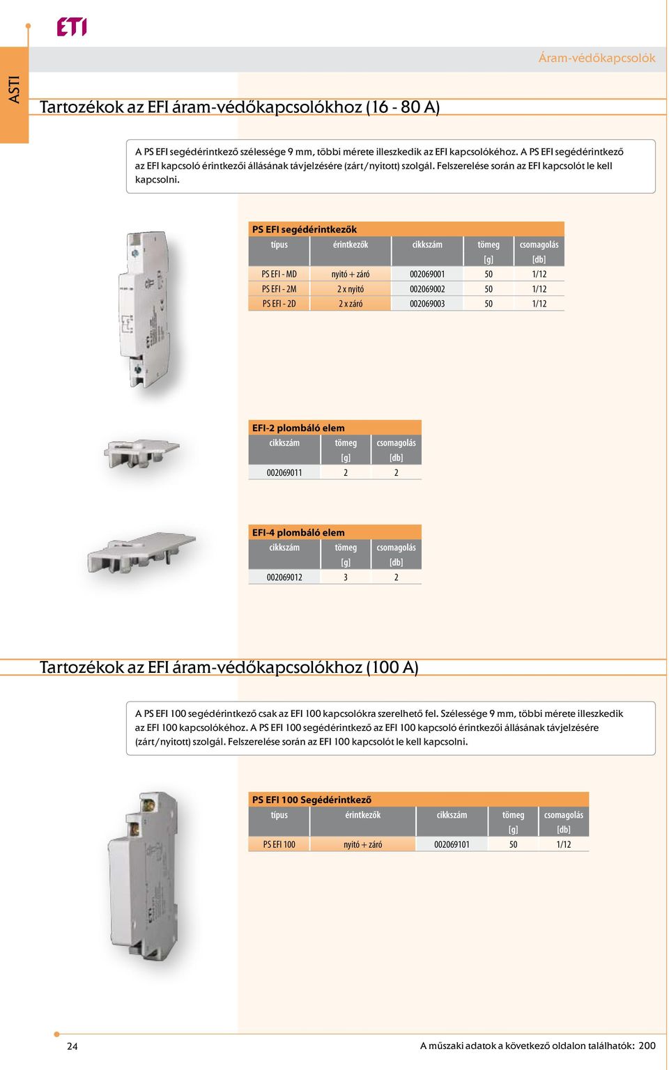 PS EFI segédérintkezők típus érintkezők cikkszám tömeg csomagolás PS EFI - MD nyitó + záró 002069001 50 1/12 PS EFI - 2M 2 x nyitó 002069002 50 1/12 PS EFI - 2D 2 x záró 002069003 50 1/12 EFI-2