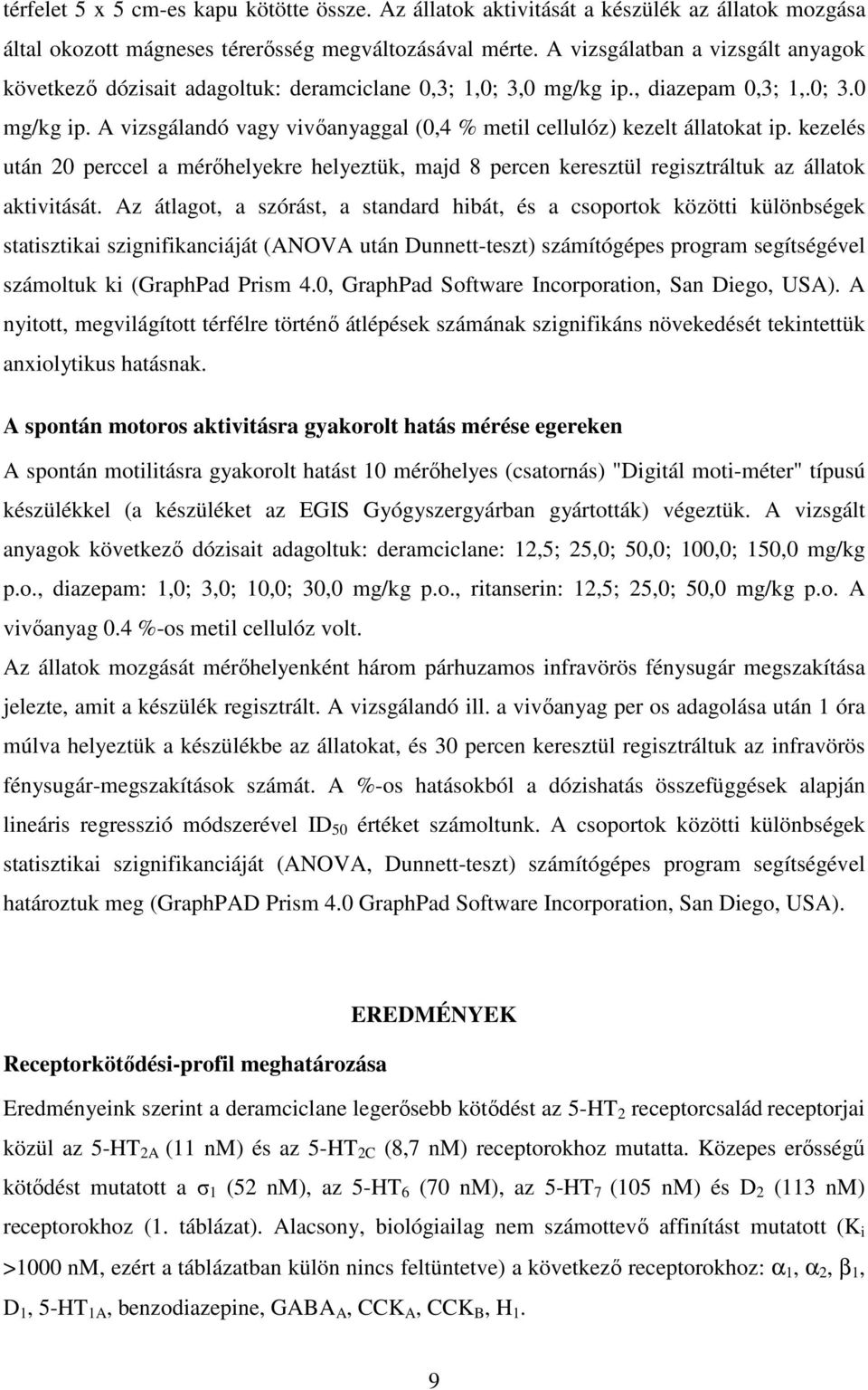 kezelés után 20 perccel a mérıhelyekre helyeztük, majd 8 percen keresztül regisztráltuk az állatok aktivitását.