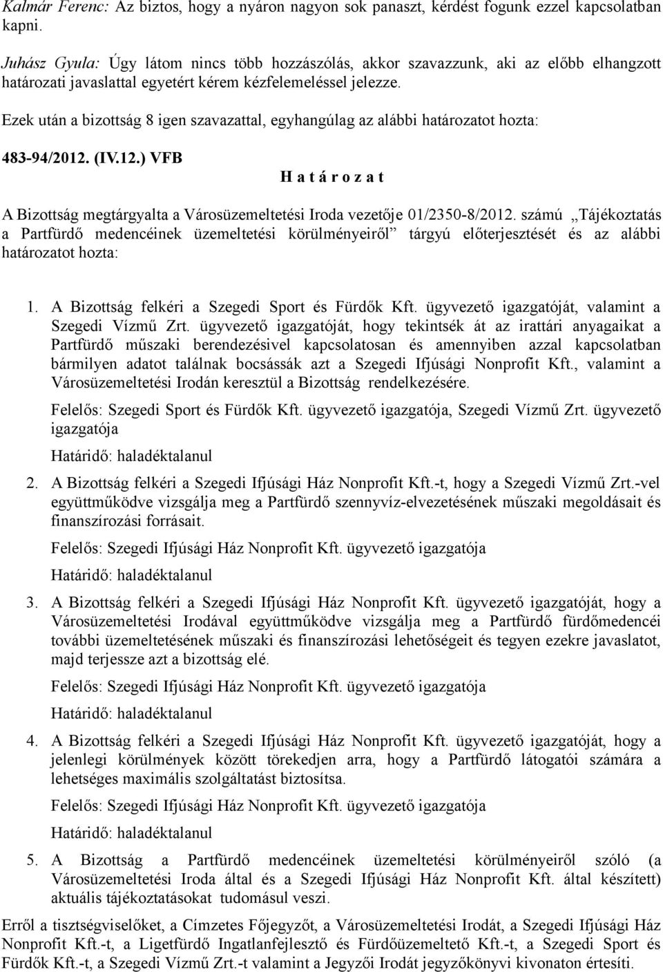 Ezek után a bizottság 8 igen szavazattal, egyhangúlag az alábbi határozatot hozta: 483-94/2012. (IV.12.) VFB H a t á r o z a t A Bizottság megtárgyalta a Városüzemeltetési Iroda vezetője 01/2350-8/2012.