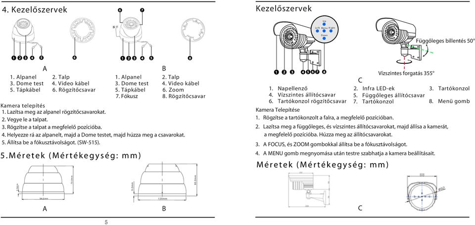 Vido káb 5. Tápkáb 6. Zoom 7. Fókus 8. Rögítőcsava 8 1 2 3 4 5 6 7 8 Vísints fogatás 355 C 1. Napnő 2. Infa LED-k 3. Tatókono 4. Vísints áítócsava 5. Függőgs áítócsava 6. Tatókono ögítőcsava 7.