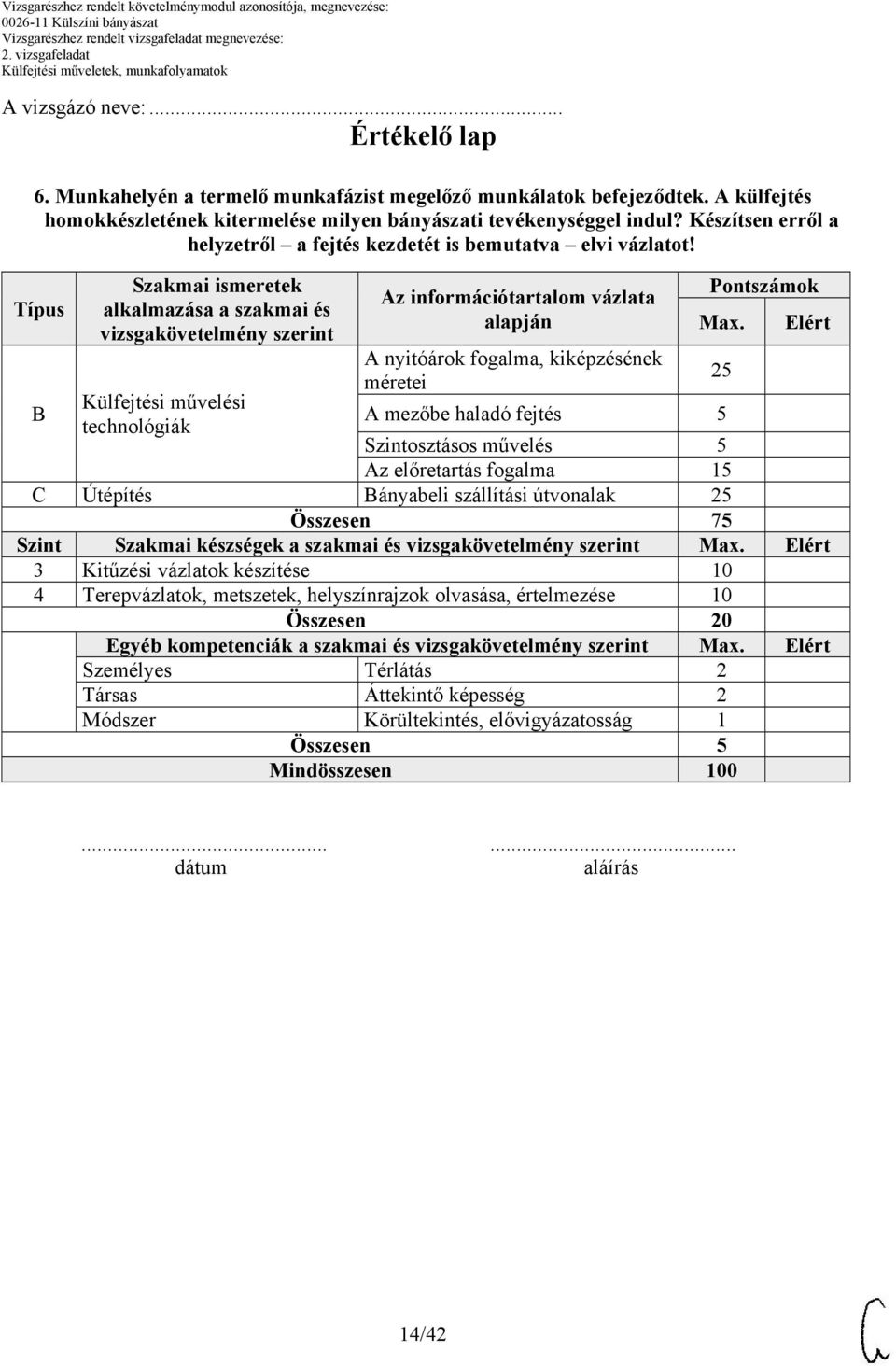 Típus B Szakmai ismeretek alkalmazása a szakmai és vizsgakövetelmény szerint Külfejtési művelési technológiák Az információtartalom vázlata alapján Pontszámok Max.