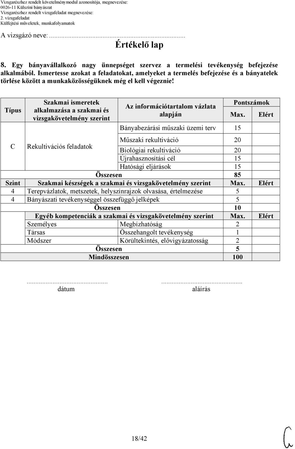 Típus Szakmai ismeretek alkalmazása a szakmai és vizsgakövetelmény szerint Az információtartalom vázlata alapján Pontszámok Max.