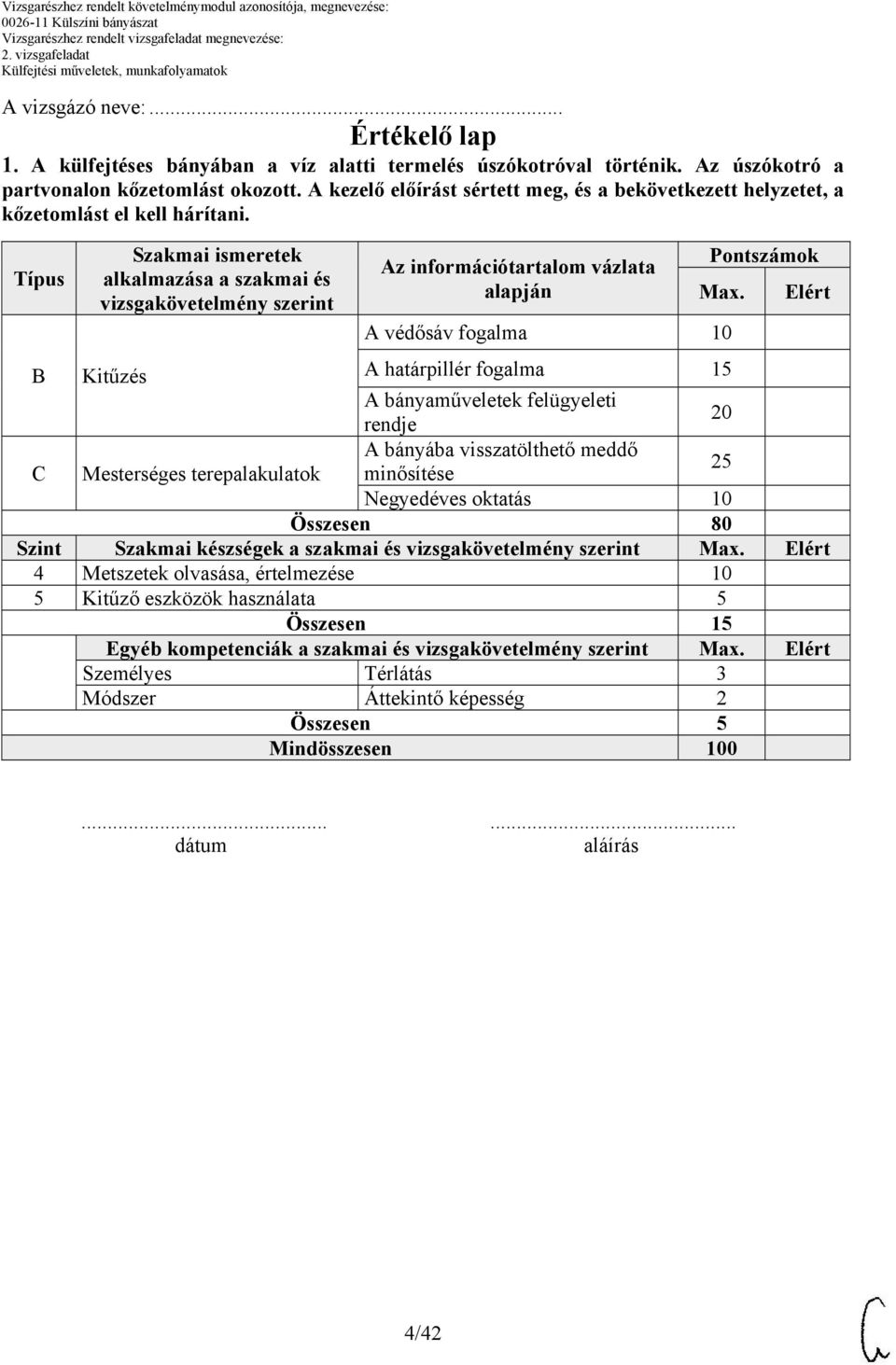 Típus Szakmai ismeretek alkalmazása a szakmai és vizsgakövetelmény szerint Az információtartalom vázlata alapján Pontszámok Max.