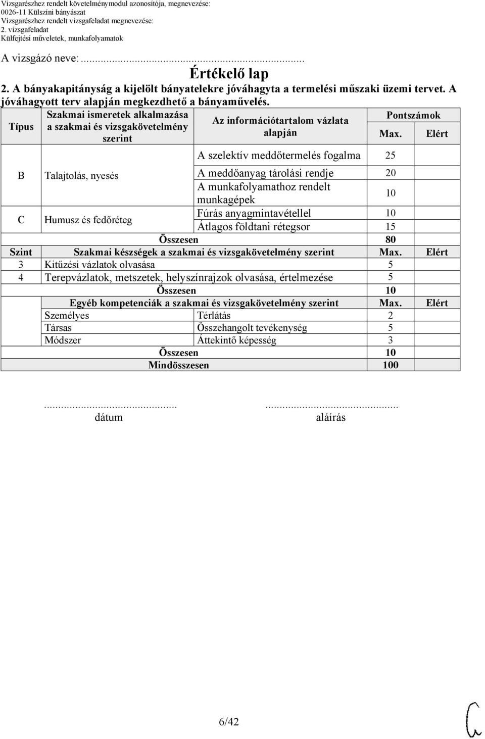 Elért A szelektív meddőtermelés fogalma 25 B Talajtolás, nyesés A meddőanyag tárolási rendje 20 A munkafolyamathoz rendelt munkagépek 10 C Humusz és fedőréteg Fúrás anyagmintavétellel 10 Átlagos