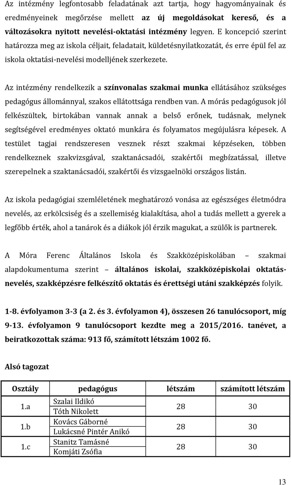 Az intézmény rendelkezik a színvonalas szakmai munka ellátásához szükséges pedagógus állománnyal, szakos ellátottsága rendben van.