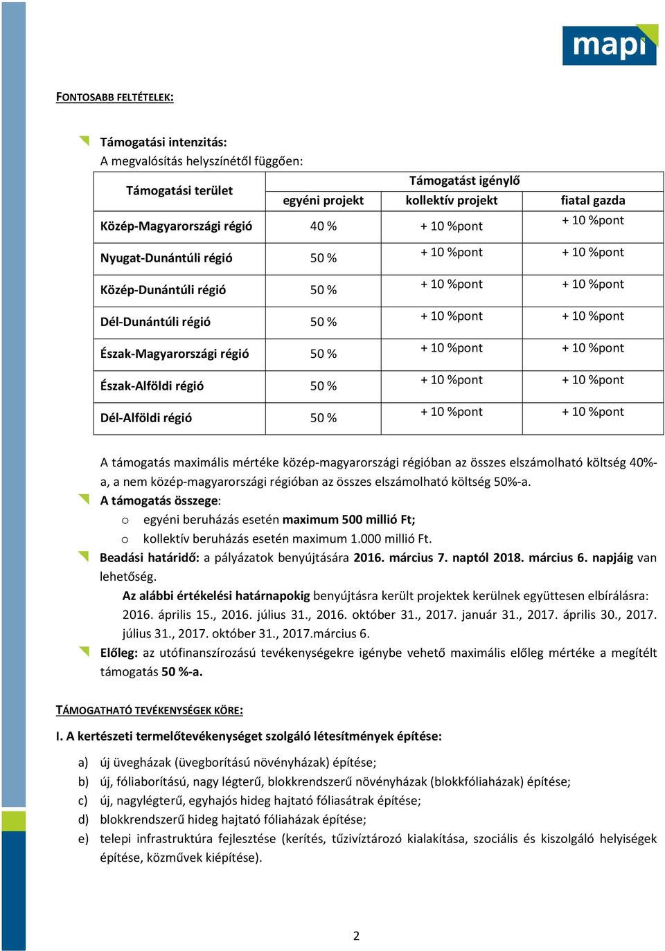 maximális mértéke közép-magyarországi régióban az összes elszámolható költség 40%- a, a nem közép-magyarországi régióban az összes elszámolható költség 50%-a.