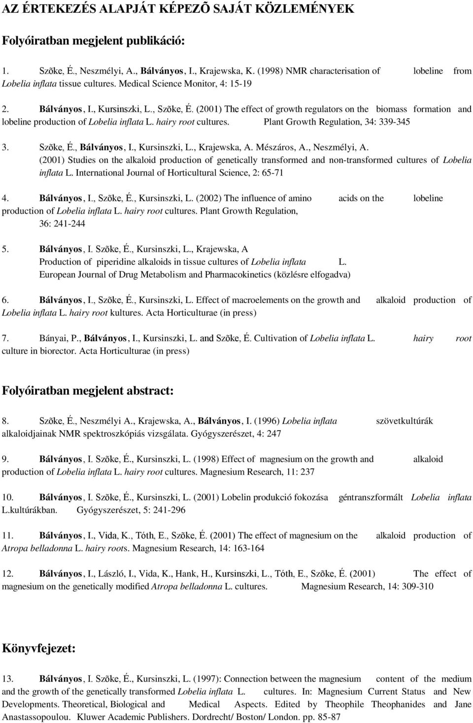 (2001) The effect of growth regulators on the biomass formation and lobeline production of Lobelia inflata L. hairy root cultures. Plant Growth Regulation, 34: 339-345 3. Szõke, É., Bálványos, I.