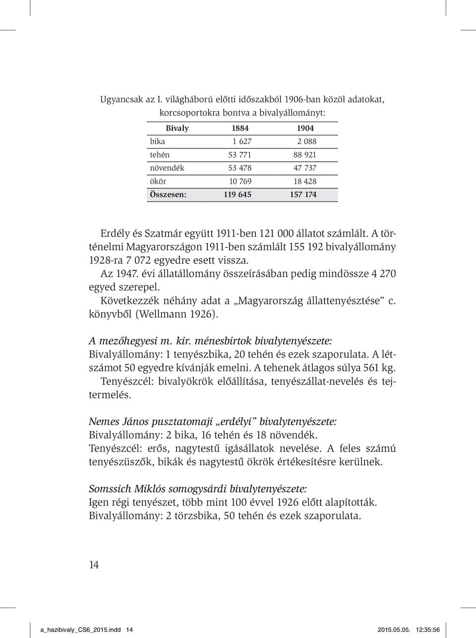 Összesen: 119 645 157 174 Erdély és Szatmár együtt 1911-ben 121 000 állatot számlált. A történelmi Magyarországon 1911-ben számlált 155 192 bivalyállomány 1928-ra 7 072 egyedre esett vissza. Az 1947.