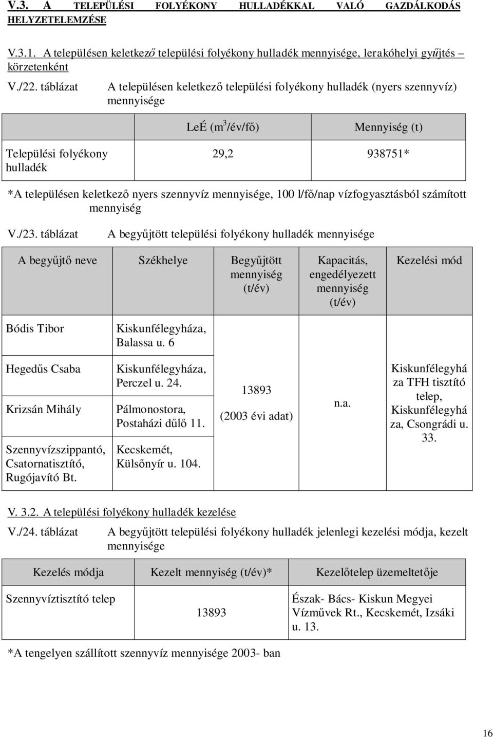 szennyvíz mennyisége, 100 l/fő/nap vízfogyasztásból számított mennyiség V./23.