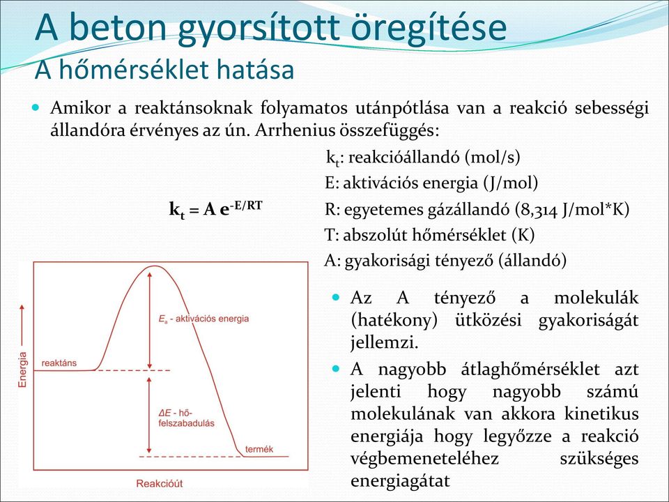 J/mol*K) T: abszolút hőmérséklet (K) A: gyakorisági tényező (állandó) Az A tényező a molekulák (hatékony) ütközési gyakoriságát jellemzi.