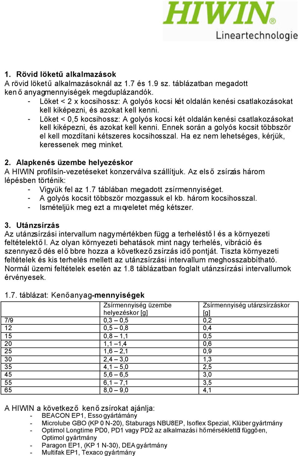 - Löket < 0,5 kocsihossz: A golyós kocsi két oldalán kenési csatlakozásokat kell kiképezni, és azokat kell kenni. Ennek során a golyós kocsit többször el kell mozdítani kétszeres kocsihosszal.