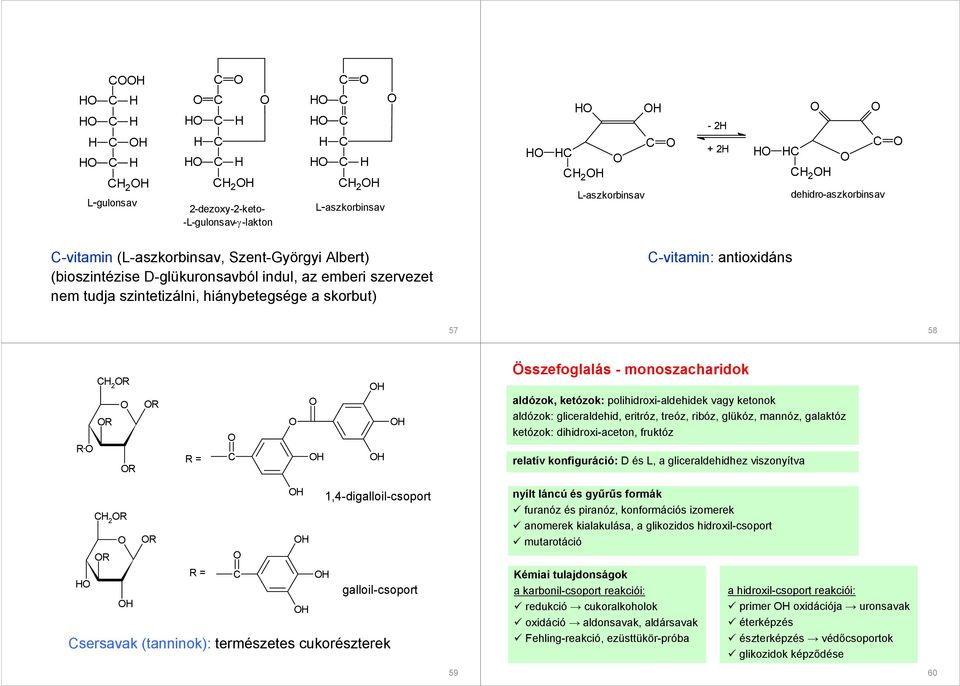 gliceraldehid, eritróz, treóz, ribóz, glükóz, mannóz, galaktóz ketózok: dihidroxi-aceton, fruktóz relatív konfiguráció: D és L, a gliceraldehidhez viszonyítva,-digalloil-csoport R R R R =
