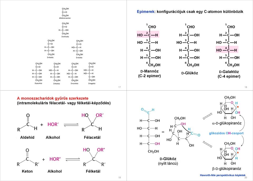 szerkezete (intramolekuláris félacetál- vagy félketál-képzıdés) α-d-glükopiranóz Aldehid Alkohol Félacetál