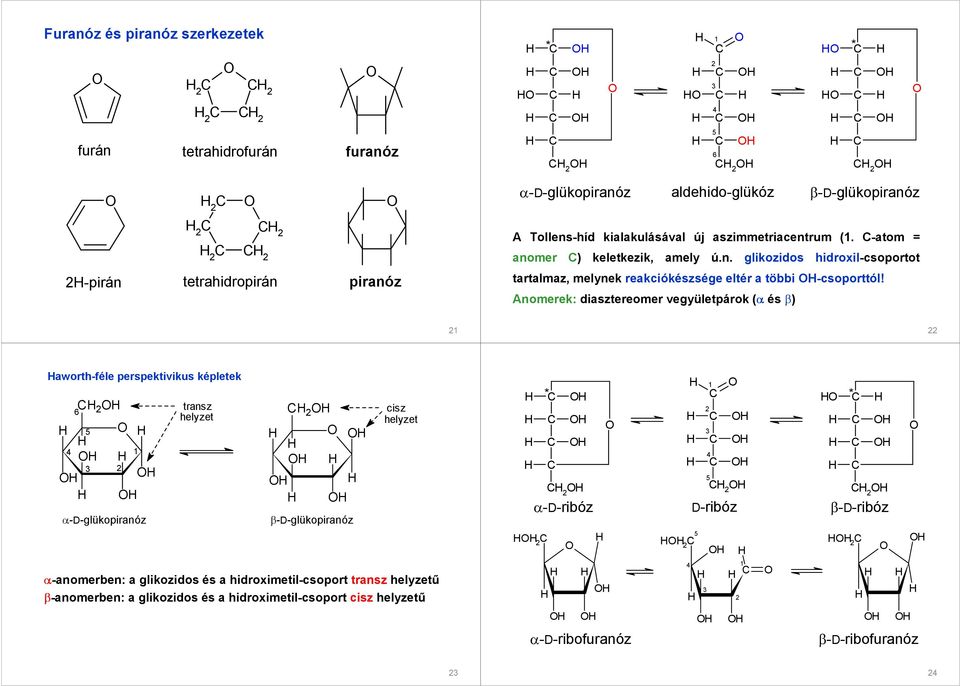 Anomerek: diasztereomer vegyületpárok (α és β) aworth-féle perspektivikus képletek 6 5 3 α-d-glükopiranóz transz helyzet β-d-glükopiranóz cisz helyzet α-anomerben: a