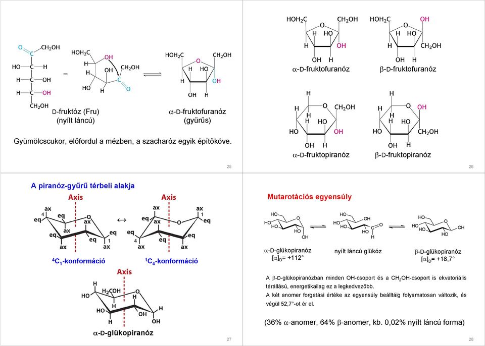 [α] D = + nyílt láncú glükóz β-d-glükopiranóz [α] D = +8,7 A β-d-glükopiranózban minden -csoport és a -csoport is ekvatoriális térállású, energetikailag ez a