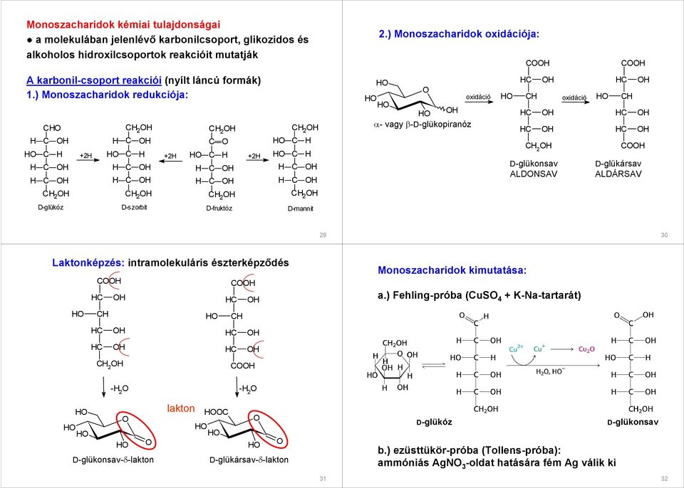 ) Monoszacharidok oxidációja: α- vagy β-d-glükopiranóz oxidáció D-glükonsav ALDNSAV oxidáció D-glükársav ALDÁRSAV 9 30 Laktonképzés: intramolekuláris