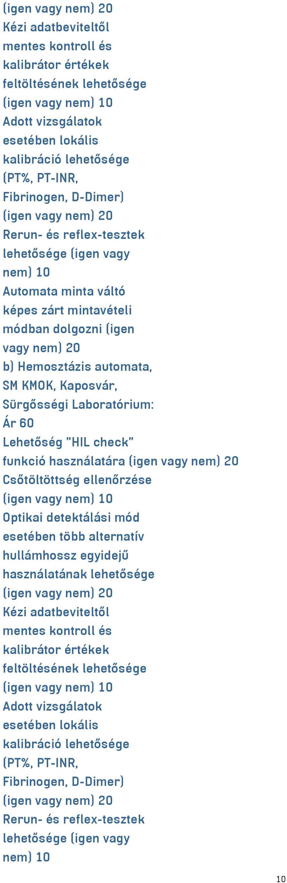 KMOK, Kaposvár, Sürgősségi Laboratórium: Lehetőség "HIL check" funkció használatára (igen vagy nem) 20 Csőtöltöttség ellenőrzése (igen vagy nem) Optikai detektálási mód esetében több alternatív