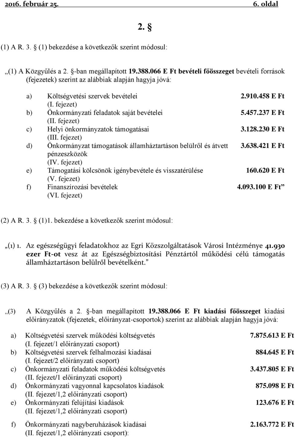 fejezet) b) Önkormányzati feladatok saját bevételei 5.457.237 E Ft (II. fejezet) c) Helyi önkormányzatok támogatásai 3.128.230 E Ft (III.