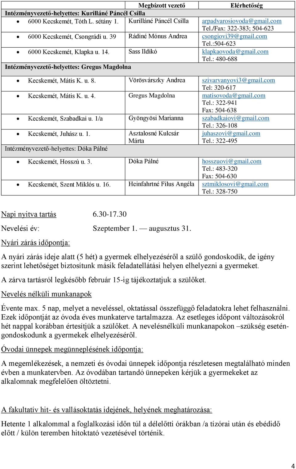 u. 8. Vörösvárszky Andrea szivarvanyovi3@gmail.com Tel: 320-617 Kecskemét, Mátis K. u. 4. Gregus Magdolna matisovoda@gmail.com Tel.: 322-941 Fax: 504-638 Kecskemét, Szabadkai u.