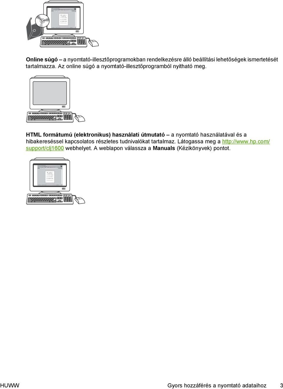 HTML formátumú (elektronikus) használati útmutató a nyomtató használatával és a hibakereséssel kapcsolatos részletes