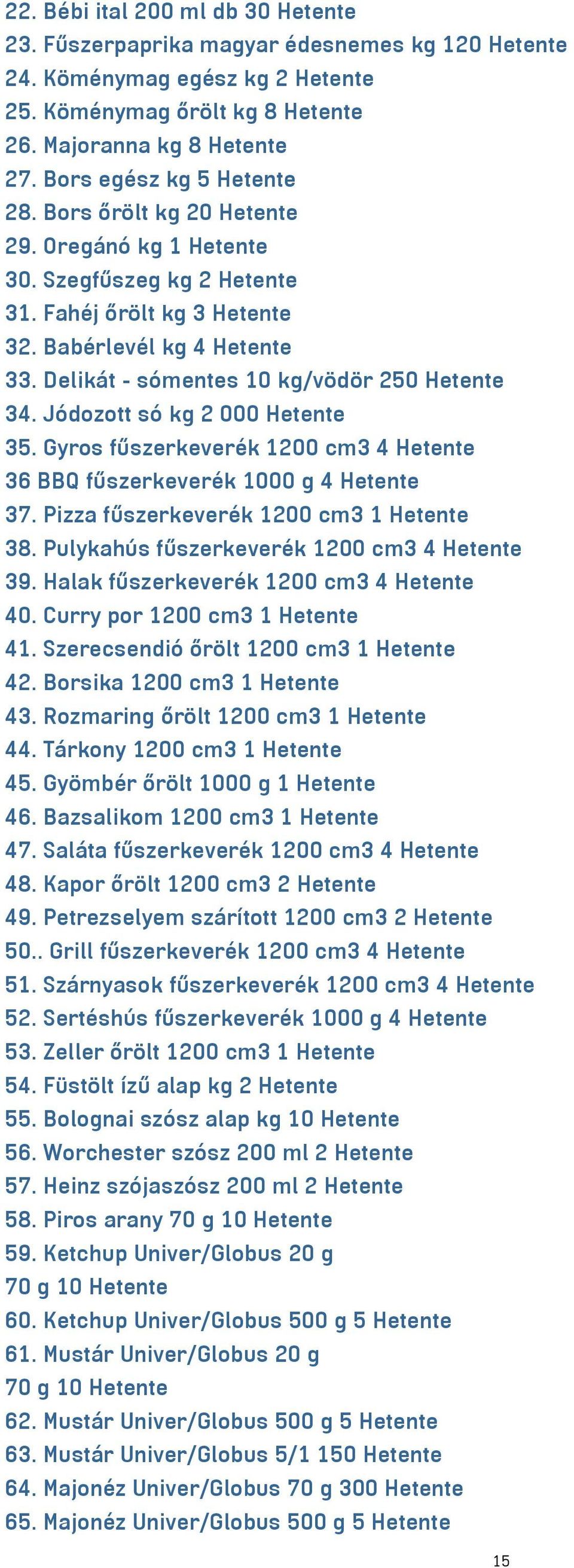 Delikát - sómentes 10 kg/vödör 250 Hetente 34. Jódozott só kg 2 000 Hetente 35. Gyros fűszerkeverék 1200 cm3 4 Hetente 36 BBQ fűszerkeverék 1000 g 4 Hetente 37.